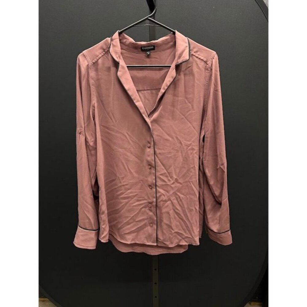 Express Purple Mauve Button Up Black Trim Blouse